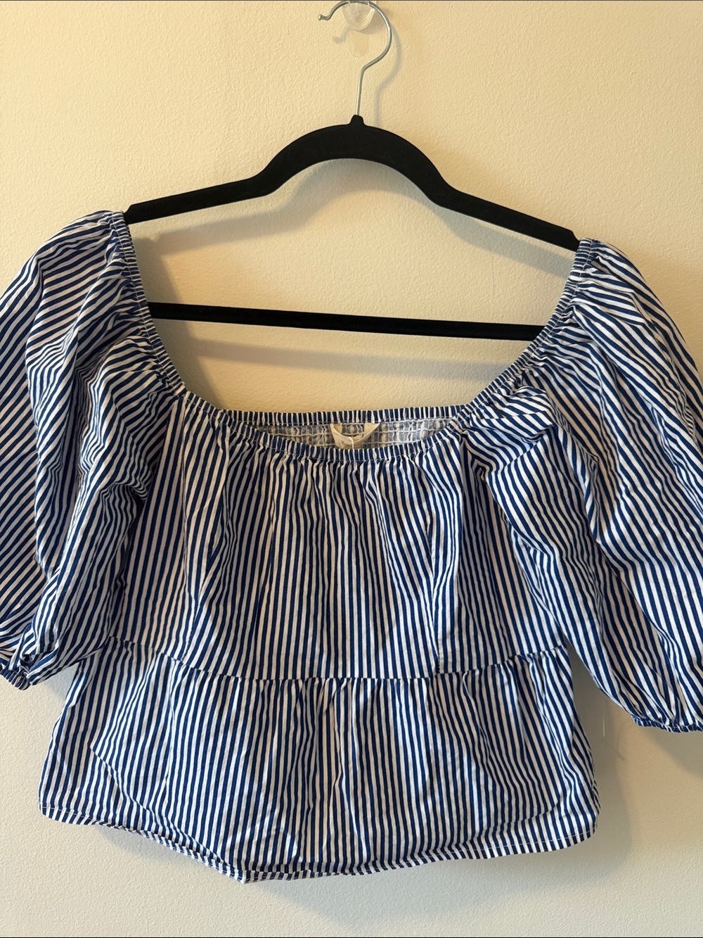 Striped Blue and White Off-Shoulder Peplum Blouse